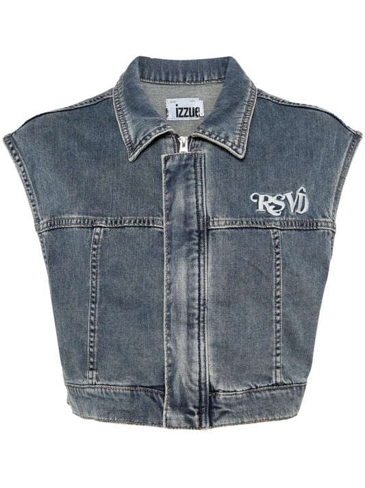 Logo-Embroidered Cropped Denim Vest
