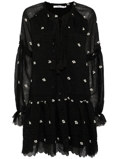 Floral-Embroidered Scallop-Hem Dress