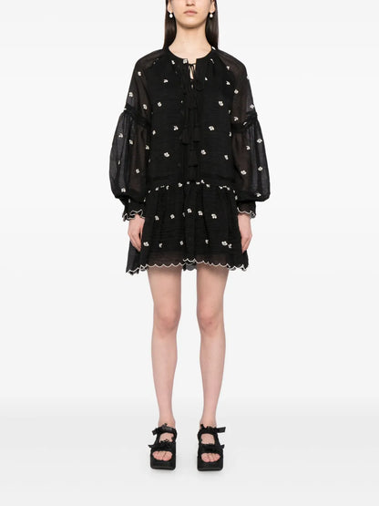 Floral-Embroidered Scallop-Hem Dress