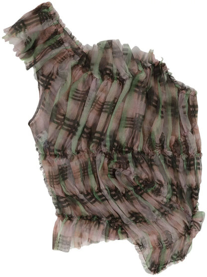 Plaid Ruffle Silk-Chiffon Top