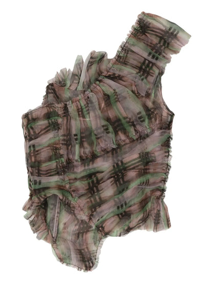 Plaid Ruffle Silk-Chiffon Top