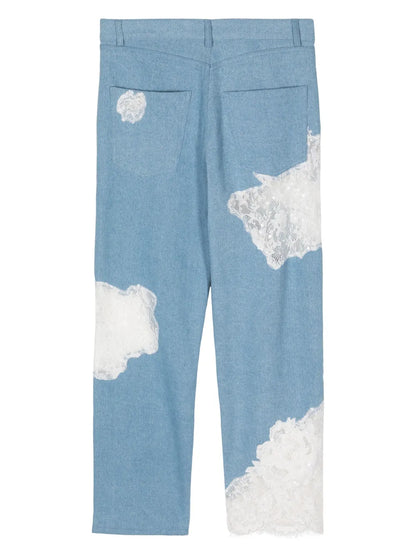 Floral Lace Detailing Cotton Jeans