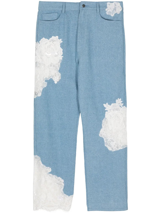 Floral Lace Detailing Cotton Jeans