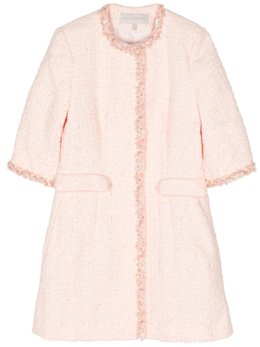 Beaded-Trim Tweed Coat