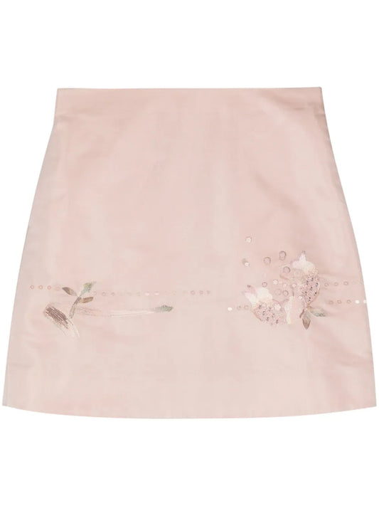Floral-Embroidered Silk Miniskirt