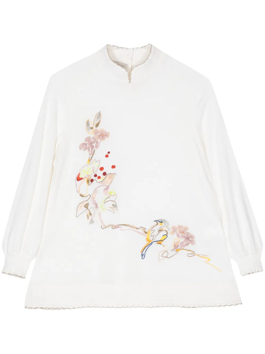 Floral-Embroidered Split-Neck Jumper