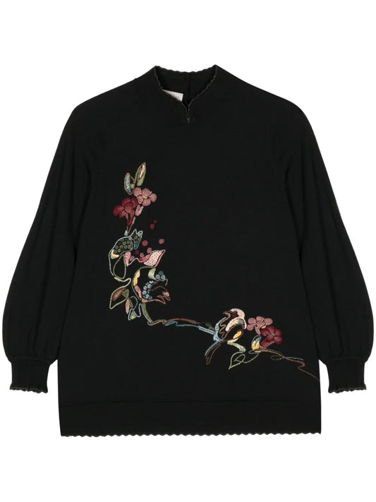 Floral-Embroidered Split-Neck Jumper