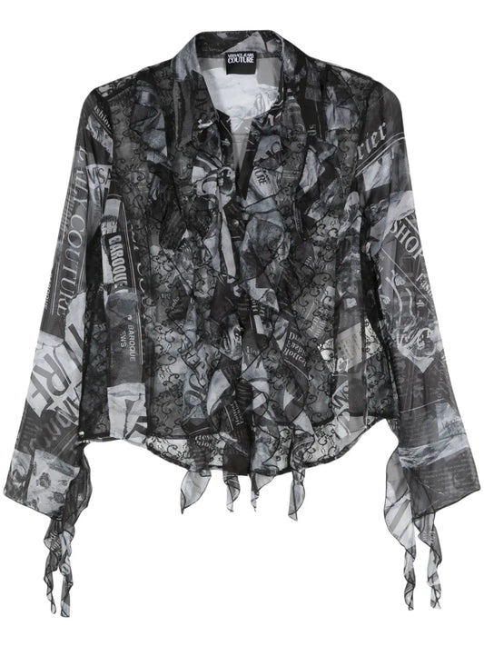 Magazine-Print Sheer Shirt