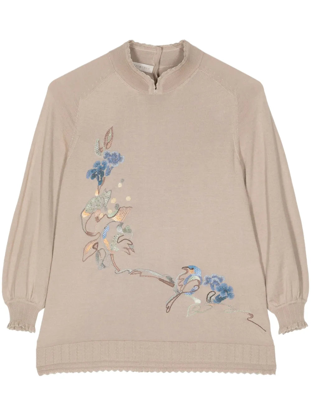 Floral-Embroidered Split-Neck Jumper