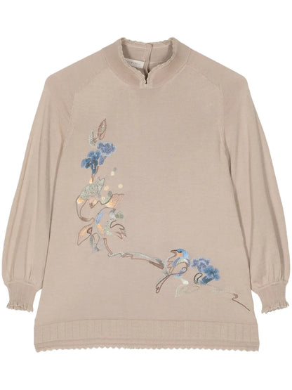 Floral-Embroidered Split-Neck Jumper