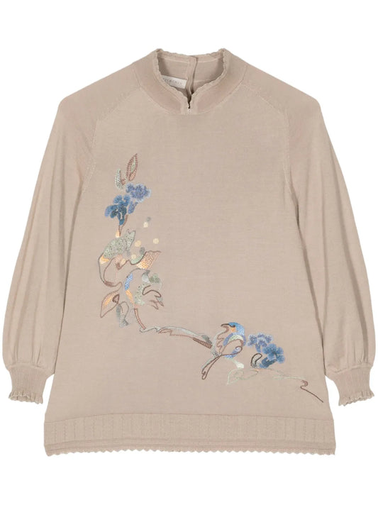 Floral-Embroidered Split-Neck Jumper