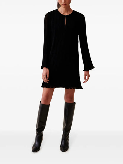 Pleated Long-Sleeve Mini Dress