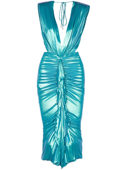 Foiled Drape-Detailing Dress