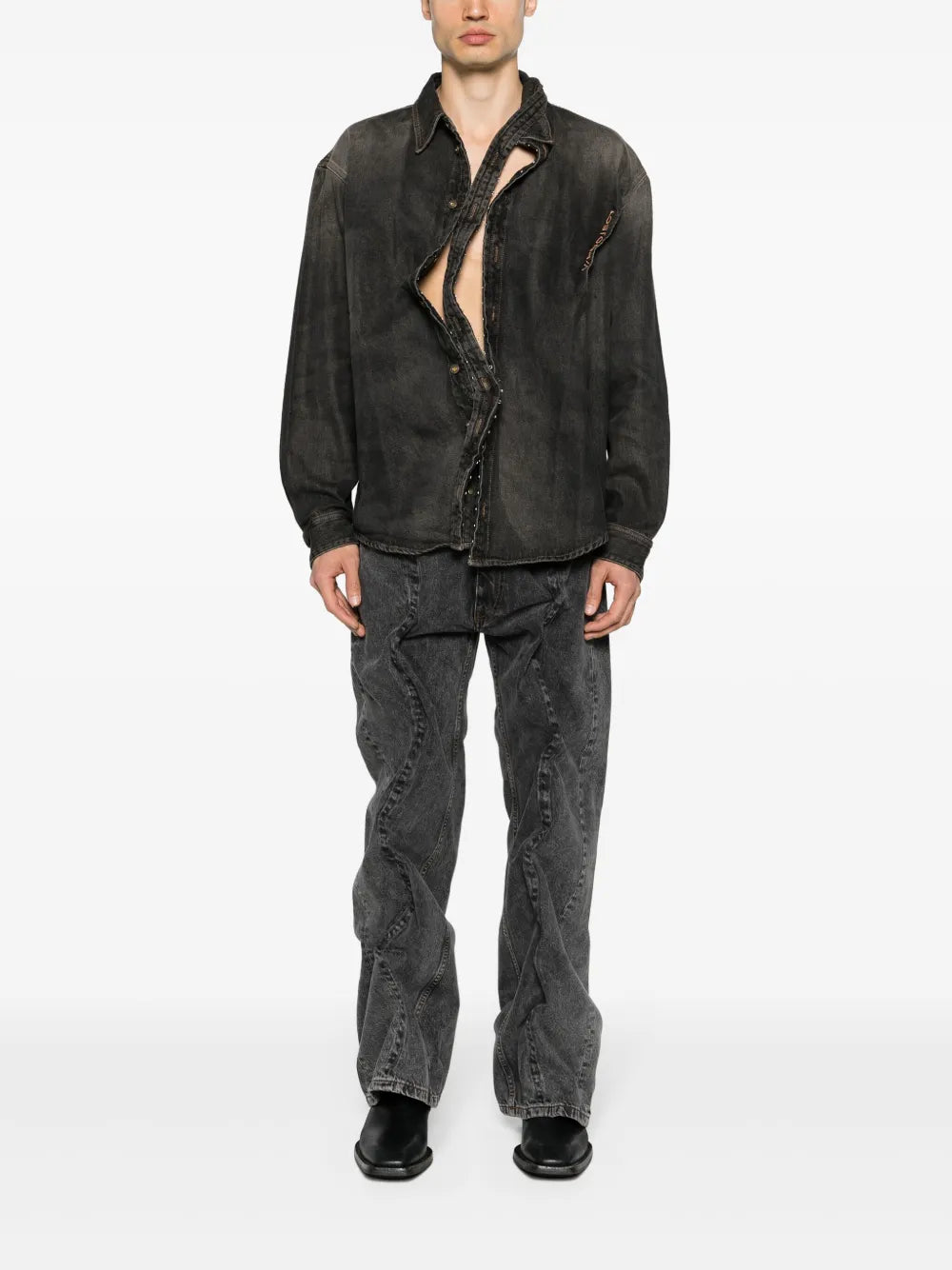 Asymmetric Hook-Fastening Denim Shirt