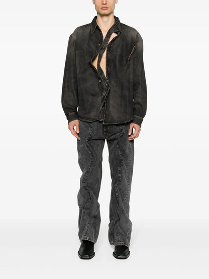 Asymmetric Hook-Fastening Denim Shirt