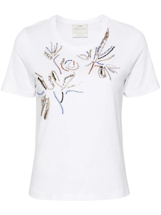 Bead-Embellishment Cotton T-Shirt