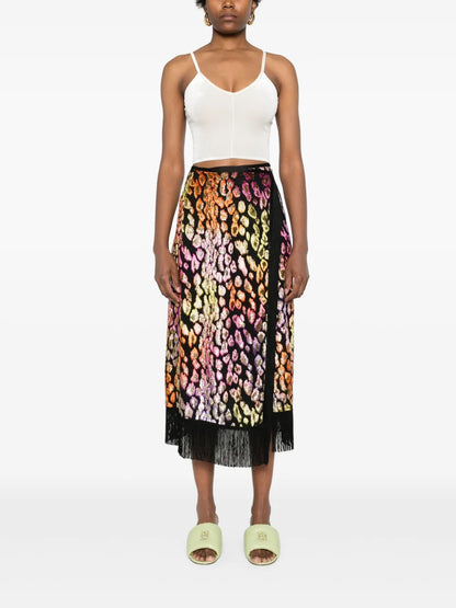 Animal-Print Fringed Midi Skirt