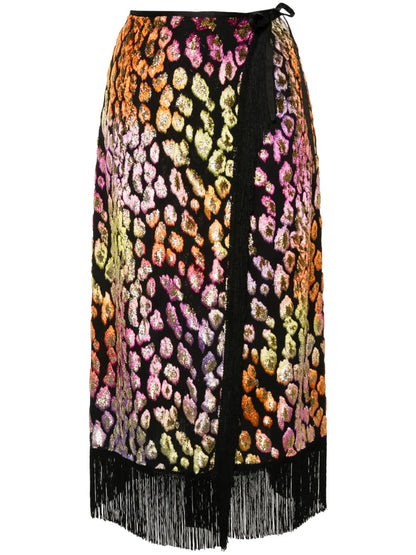 Animal-Print Fringed Midi Skirt