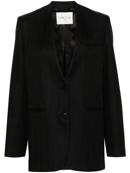 Collarless Herringbone Single-Breasted Blazer