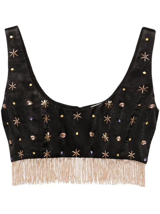Fringed Bead-Embellished Crop Top