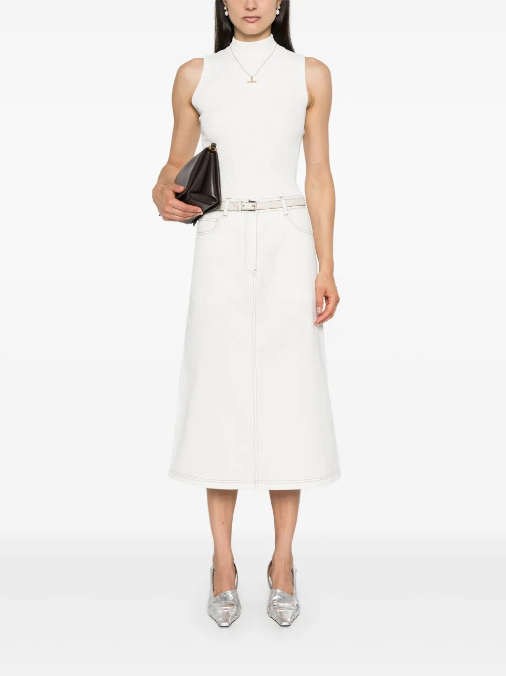 Contrast-Stitching Midi Skirt
