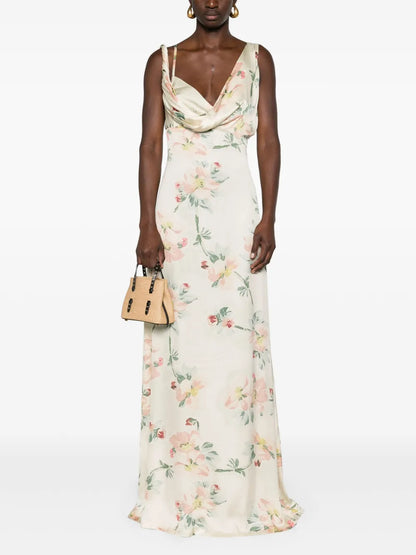 Floral-Print Satin Maxi Dress