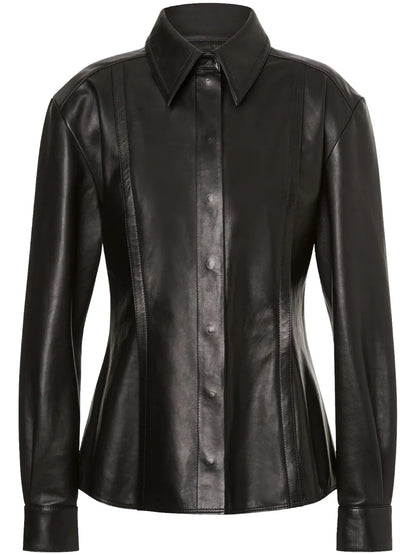 Pointed-Collar Leather Shirt Jacket