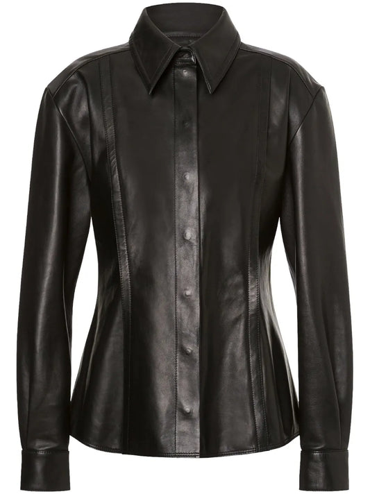 Pointed-Collar Leather Shirt Jacket