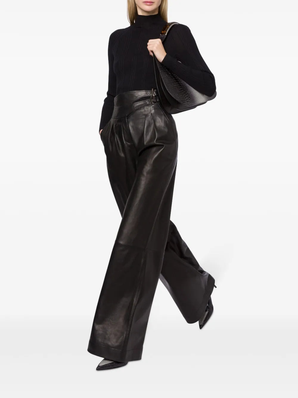 Double-Buckle Leather Trousers