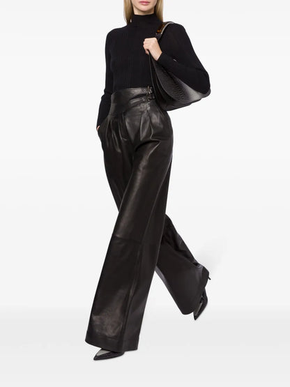 Double-Buckle Leather Trousers