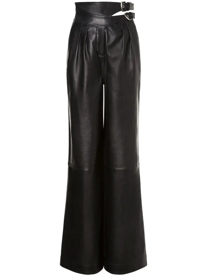 Double-Buckle Leather Trousers