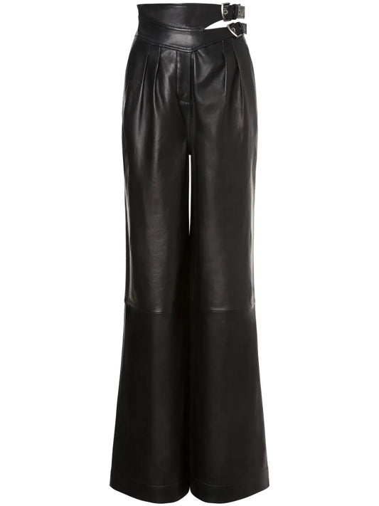 Double-Buckle Leather Trousers