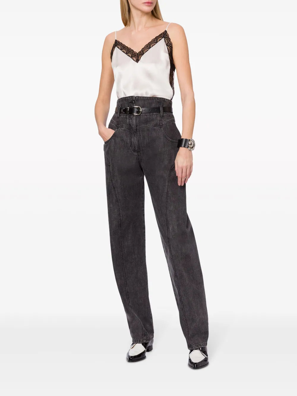Lace-Trim Satin Blouse