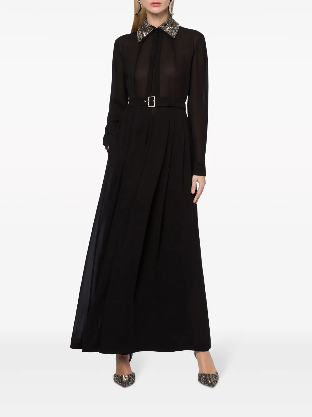 Embellished-Collar Maxi Shirtdress