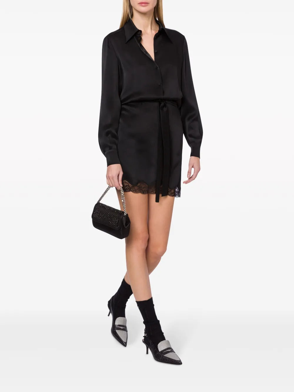 Lace-Trim Belted Shirtdress