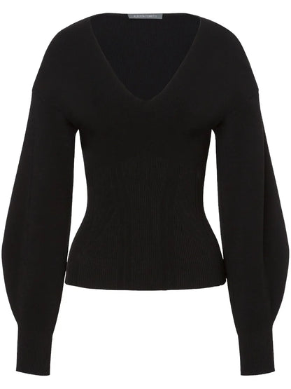 Puff-Sleeve Ribbed-Knit Jumper