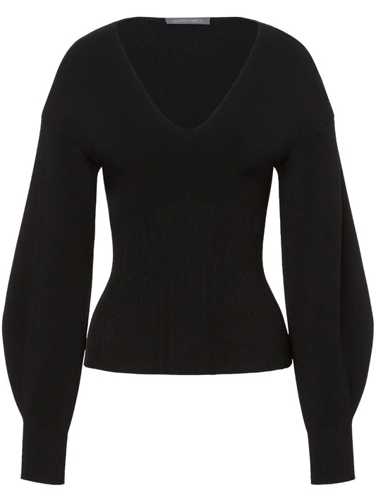 Puff-Sleeve Ribbed-Knit Jumper
