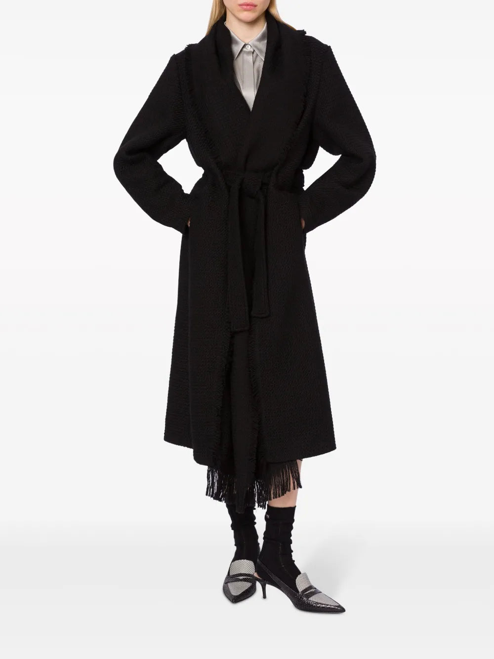 Scarf-Collar Virgin-Wool Knitted Coat