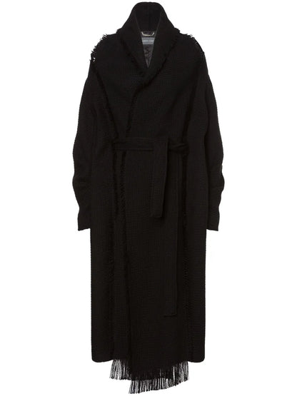 Scarf-Collar Virgin-Wool Knitted Coat