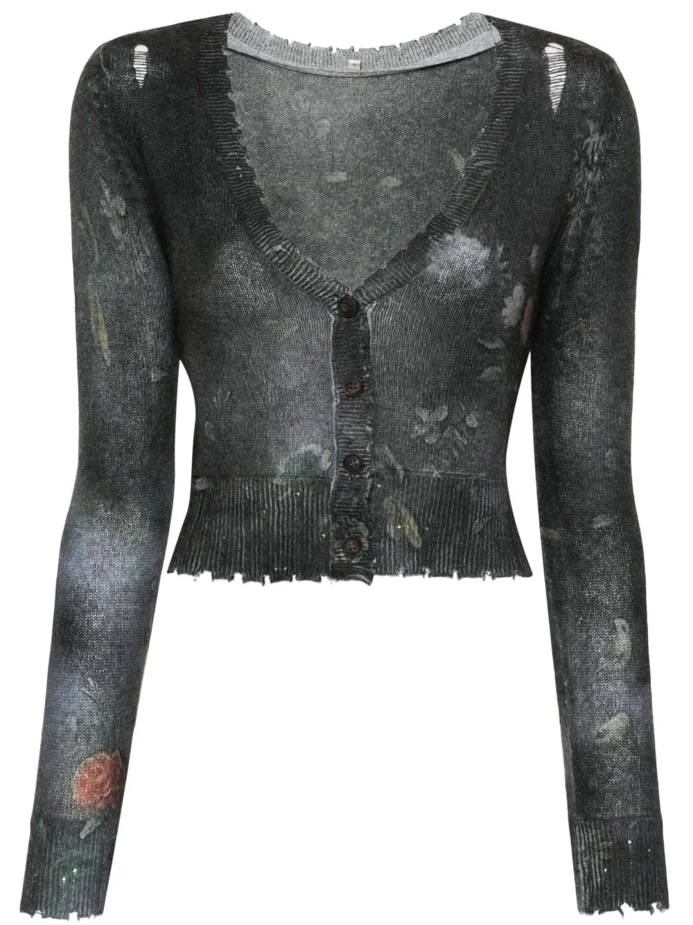Floral-Print Distressed Cashmere Cardigan