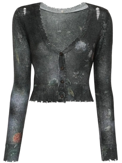 Floral-Print Distressed Cashmere Cardigan