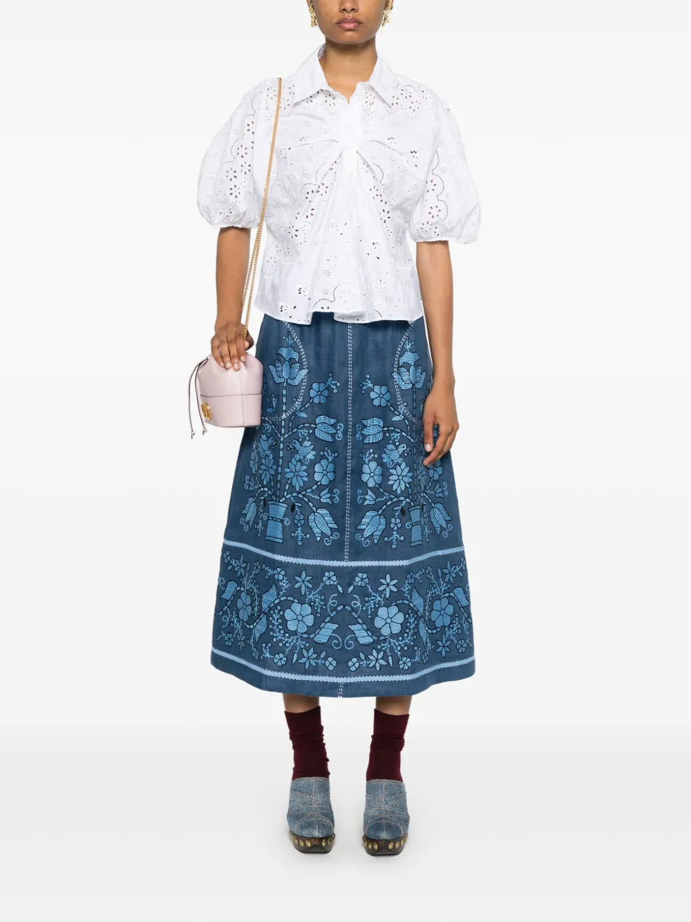 Floral-Embroidered Linen Midi Skirt