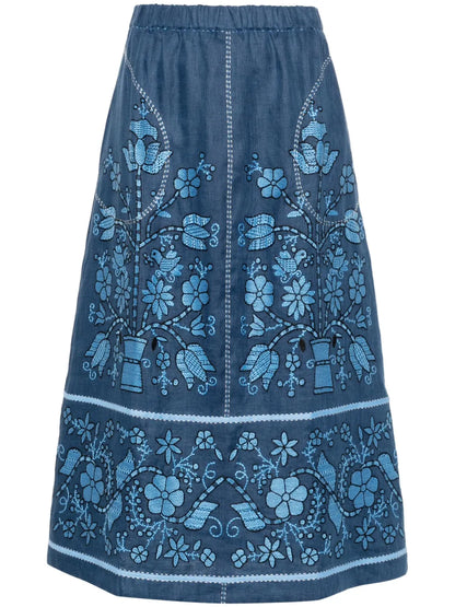Floral-Embroidered Linen Midi Skirt