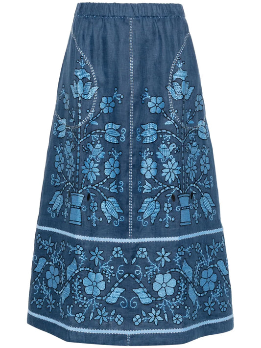 Floral-Embroidered Linen Midi Skirt