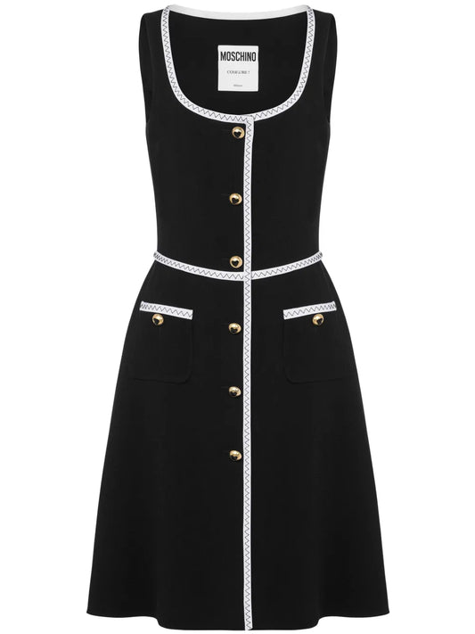 Contrasting-Trim Scoop-Neck Dress