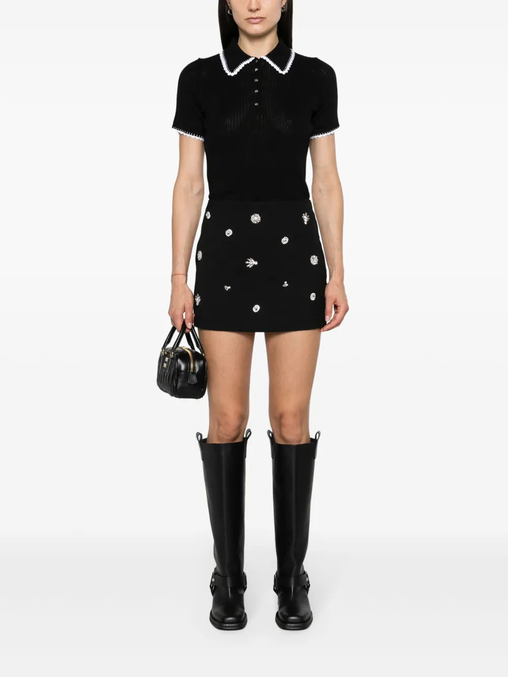 Crochet-Trim Knitted Polo Top
