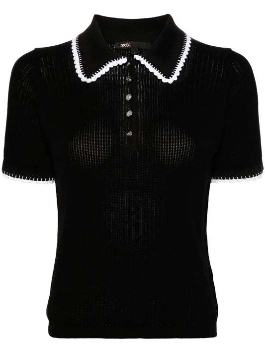 Crochet-Trim Knitted Polo Top