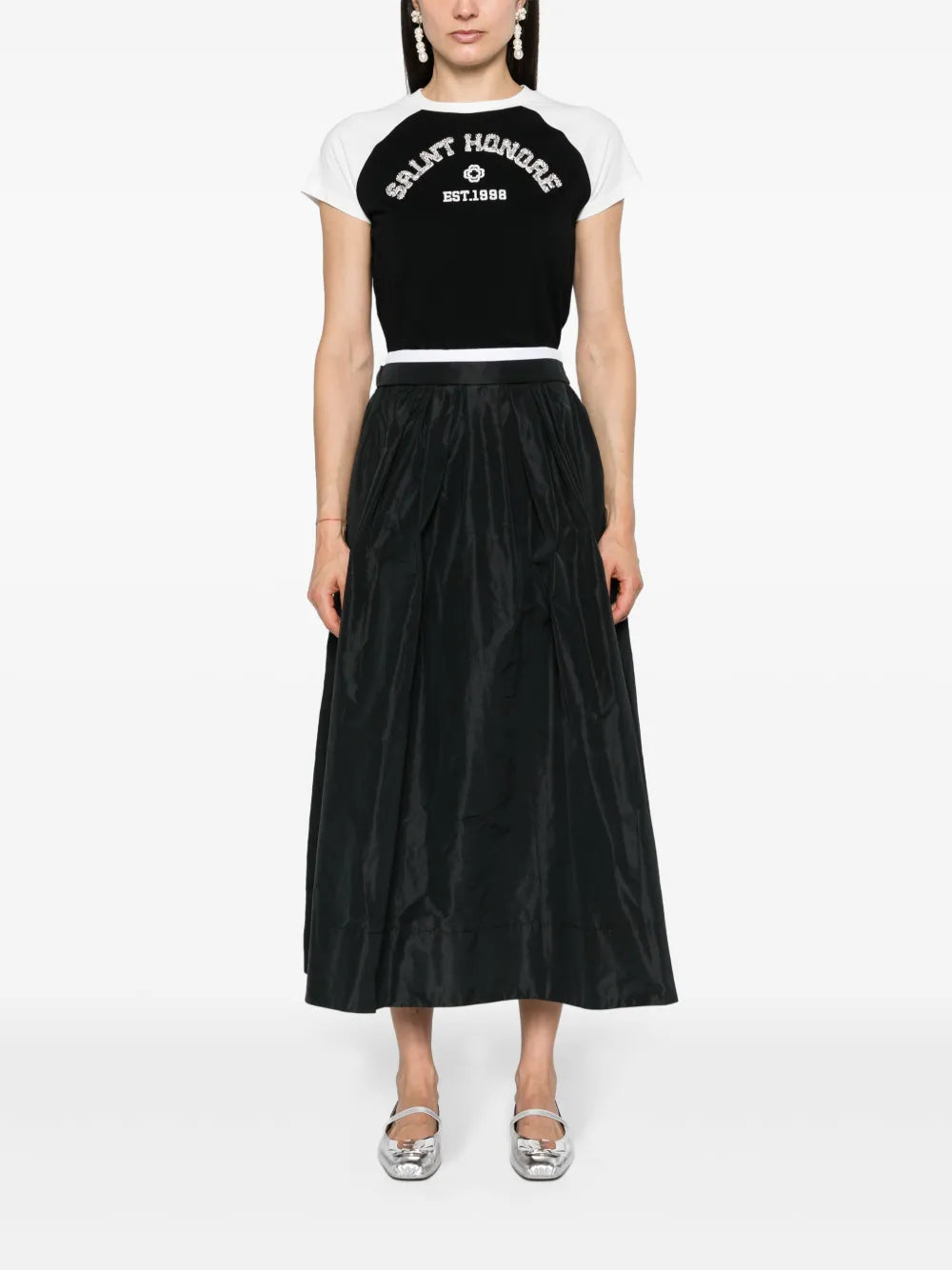 Contrast-Waistband Midi Skirt