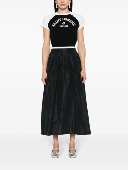 Contrast-Waistband Midi Skirt