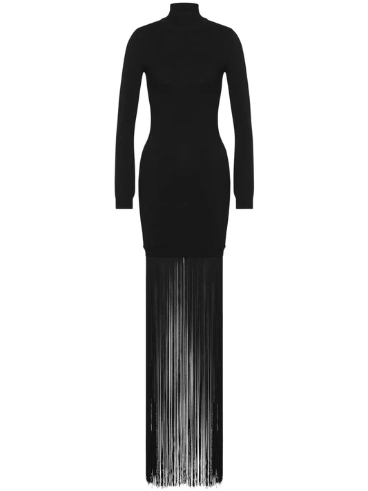 Fringe-Detail Long-Sleeved Dress